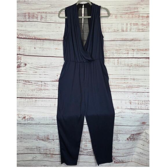 Aryn K Pack a Plunge Jumpsuit M Navy Ink Blue Silky Sheer Back Surplice Bodice - Picture 3 of 16
